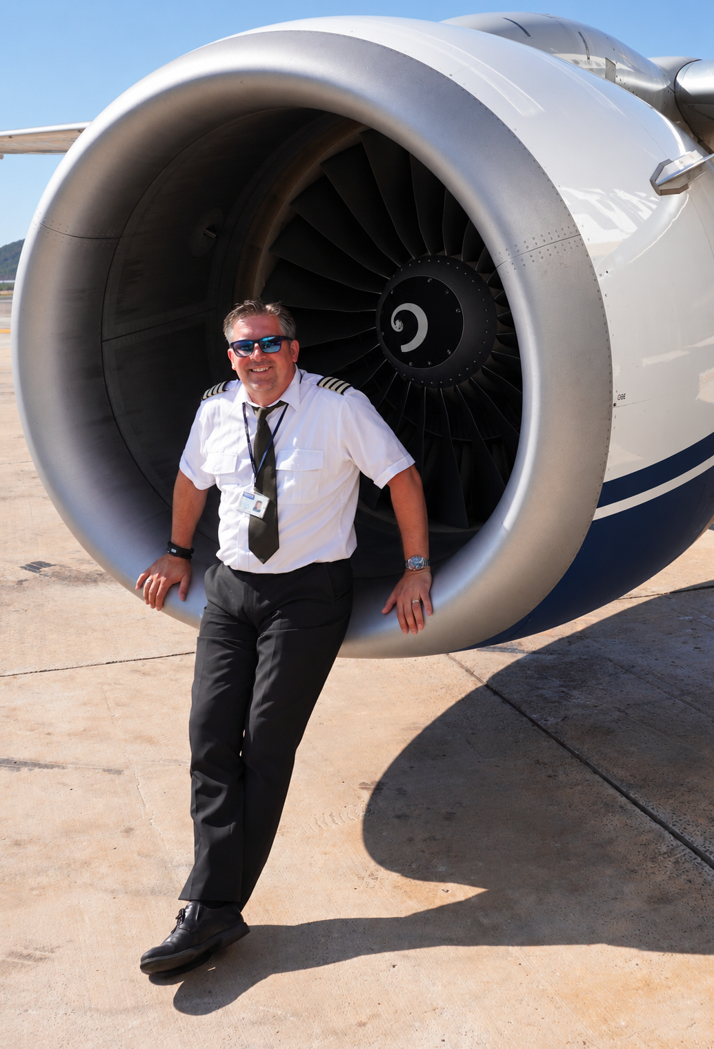Andre Giebels, Founder von House of Aviation, vor einem modernen Jet-Triebwerk