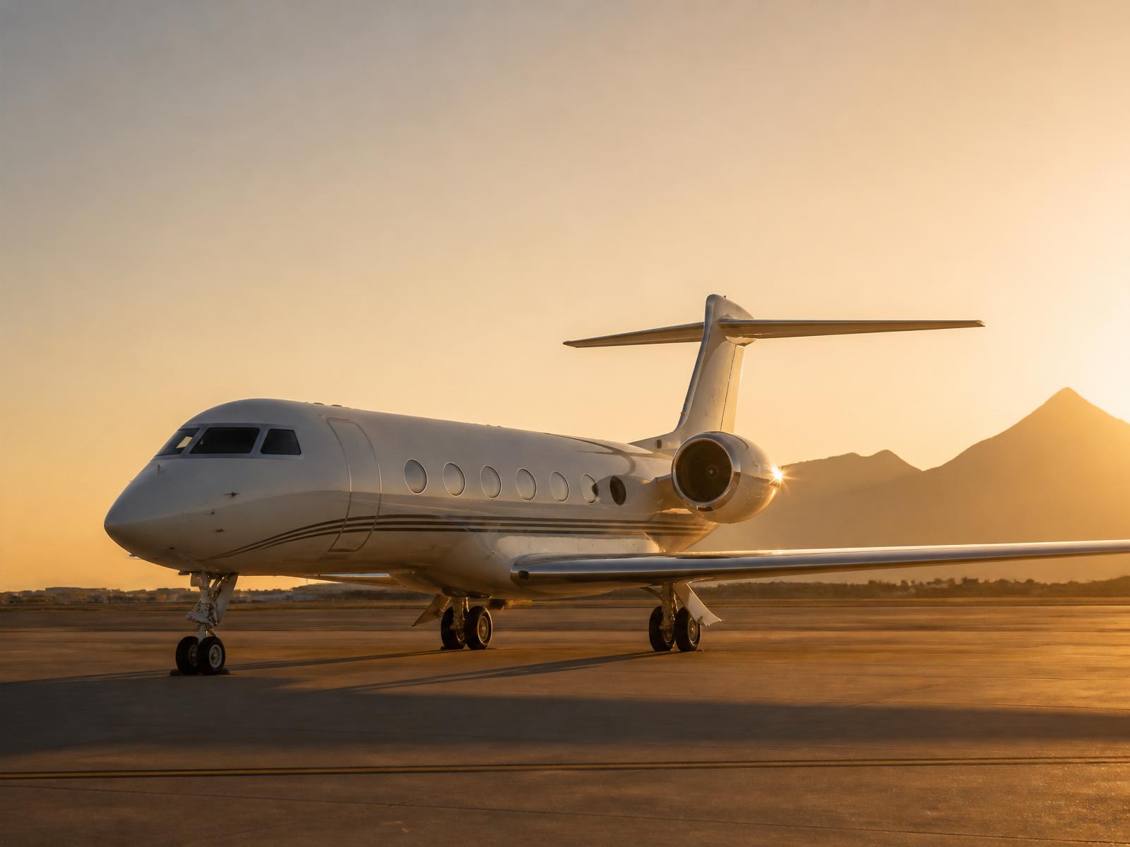 Privatjet auf dem Rollfeld im goldenen Licht